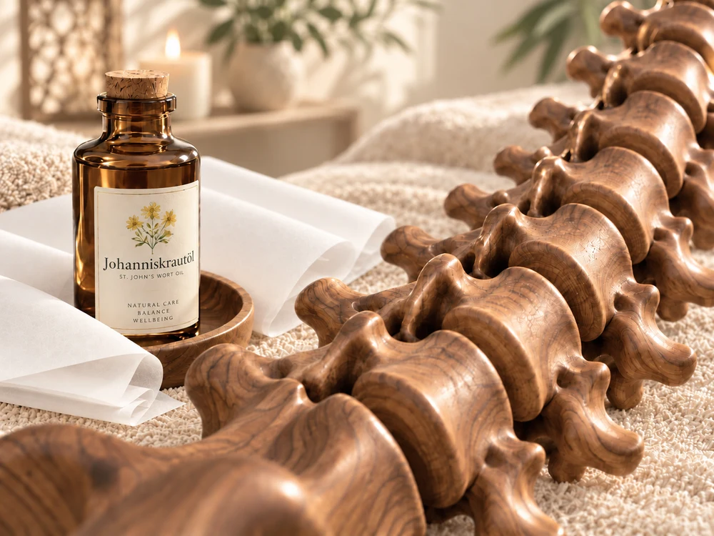 Johanniskrautöl und Modell einer Wirbelsäule auf einem Massagetisch