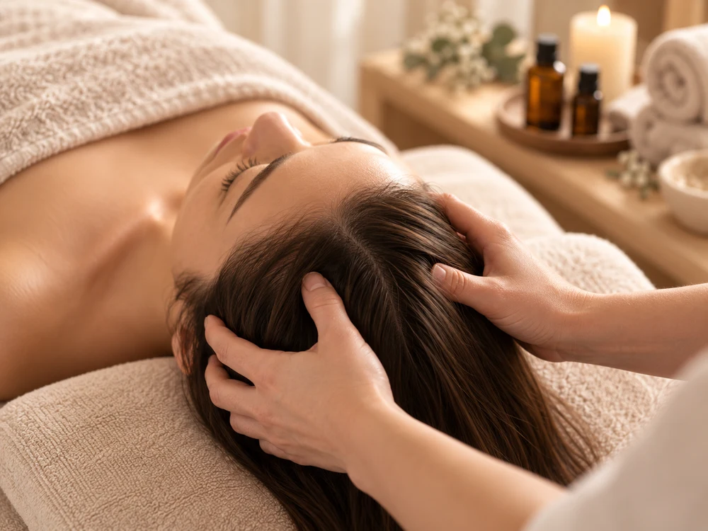 Sanfte Kopfmassage mit beiden Händen in entspannter Atmosphäre