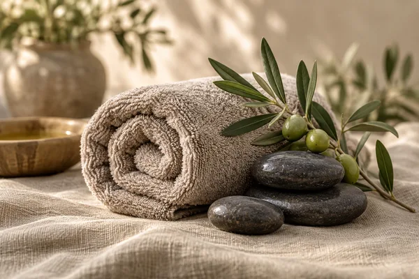 Weiches Handtuch mit Massagesteinen und Olivenzweig